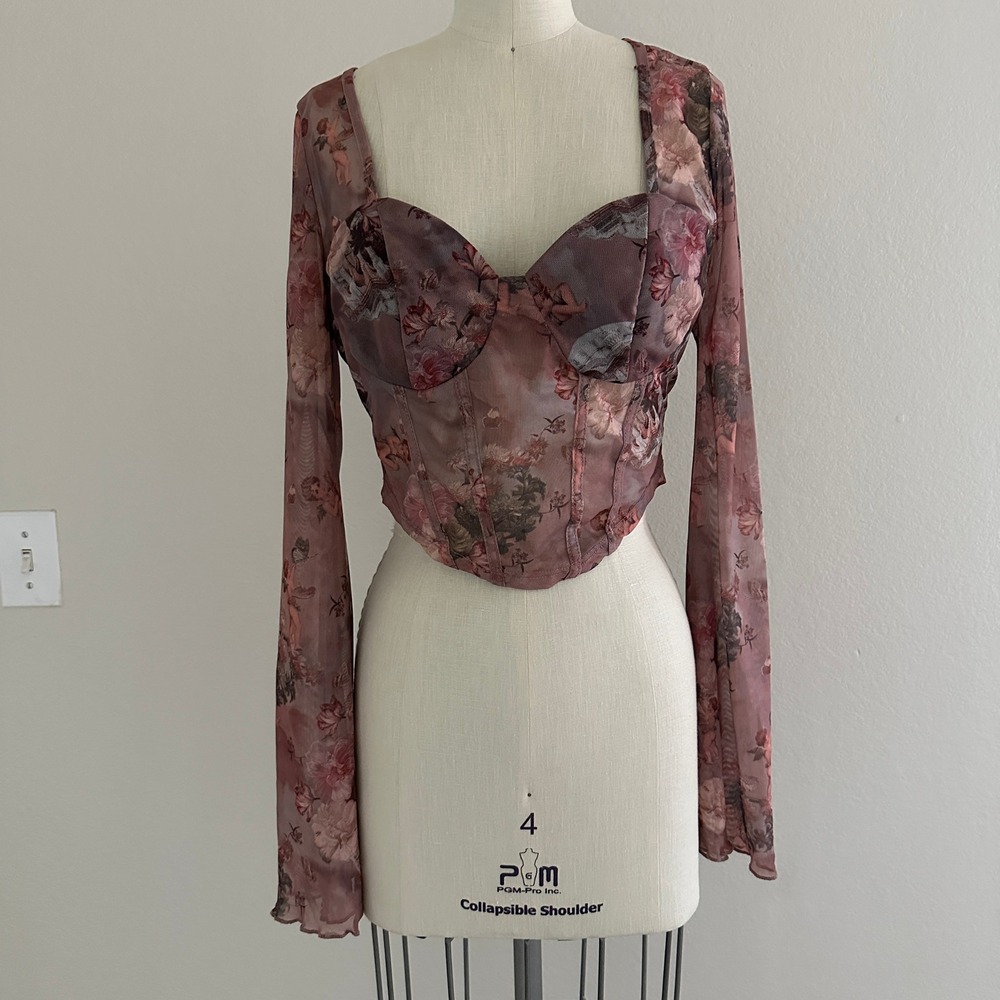 Floral Cherub Mesh Corset Top Women S Mauve Long Sleeve Renaissance Blouse